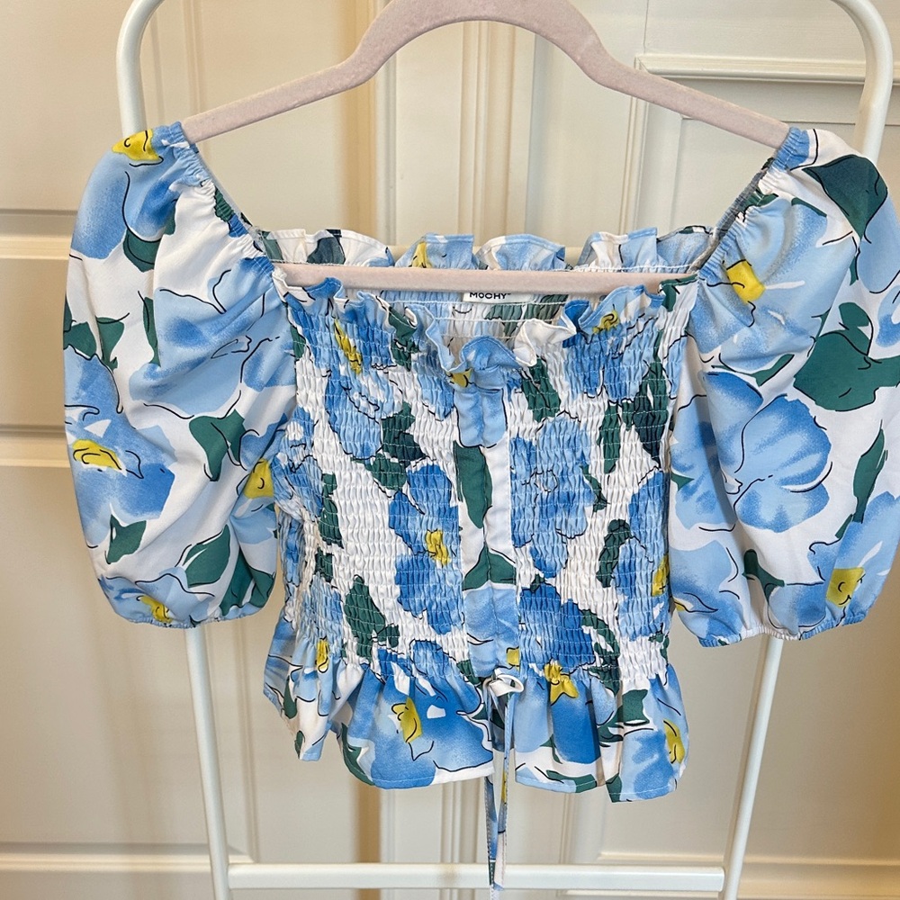 Blue Floral Smocked Blouse